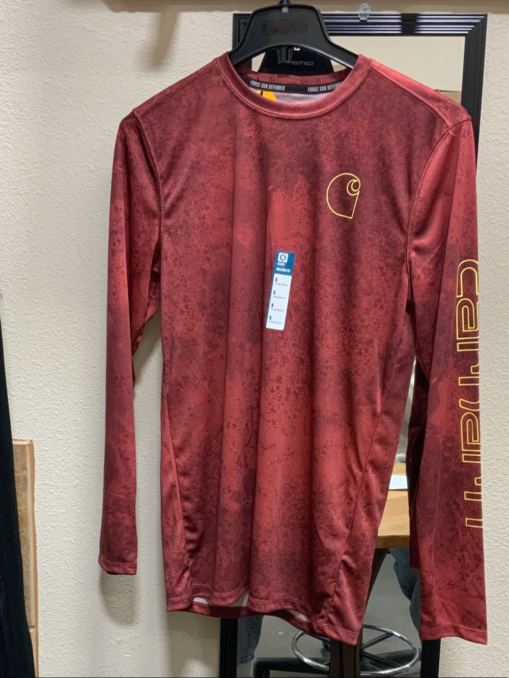 Carhartt Maroon Long Sleeve Force Sun Defender Shirt with Yellow Logo